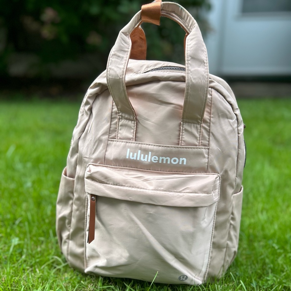 Lululemon Beige Tan Backpack Brown Accents Logo Everyday School Travel Bag- NEW